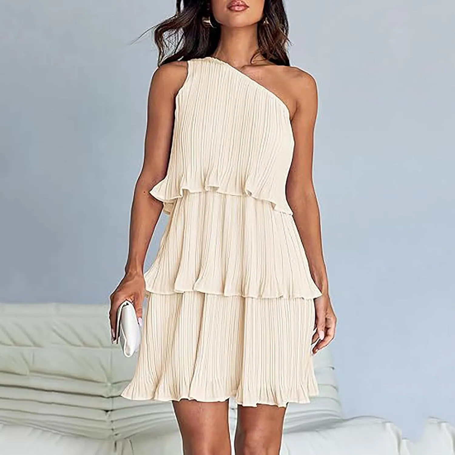 Women's Summer Sleeveless Mini Dress Boho One Shoulder Ruffle Tiered Layered Short Sundress Flowy Casual A Line Dress
