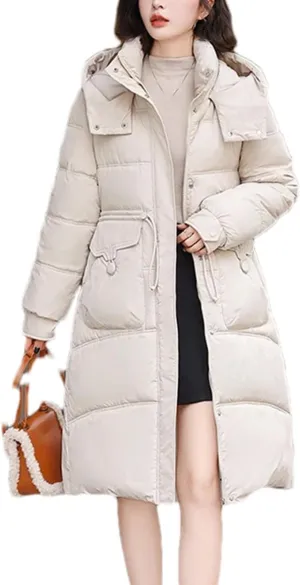 Women's Thick Hooded Long Parka Coat Classic Drawstring Buckle Pockets Cotton-Padded Jacket