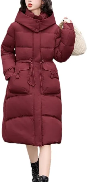 Women's Thick Hooded Long Parka Coat Classic Drawstring Buckle Pockets Cotton-Padded Jacket
