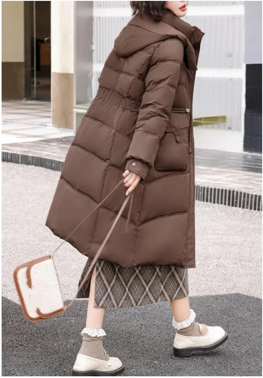 Women's Thick Hooded Long Parka Coat Classic Drawstring Buckle Pockets Cotton-Padded Jacket