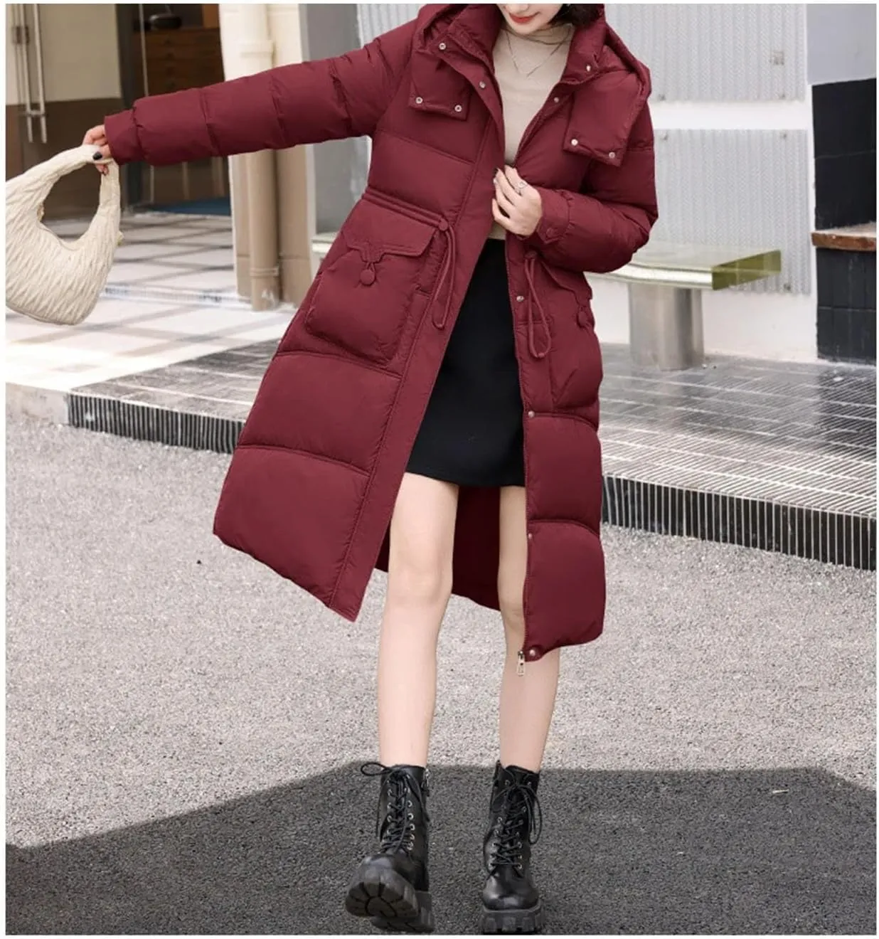 Women's Thick Hooded Long Parka Coat Classic Drawstring Buckle Pockets Cotton-Padded Jacket