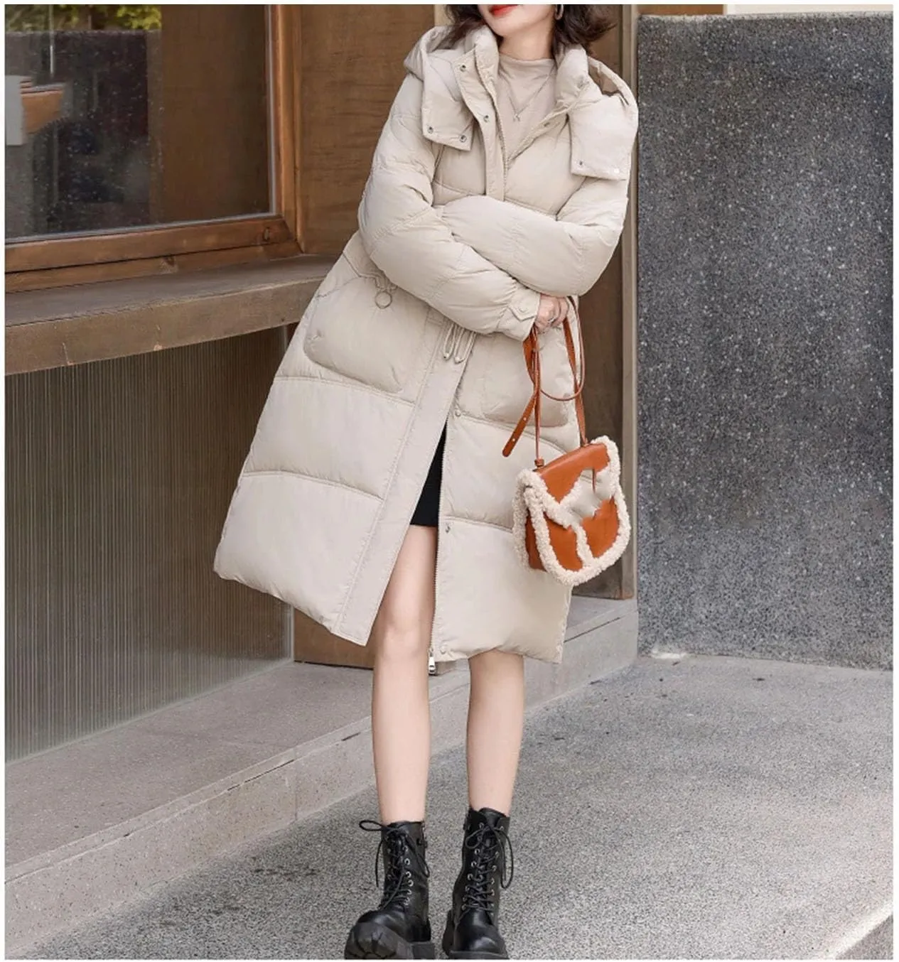 Women's Thick Hooded Long Parka Coat Classic Drawstring Buckle Pockets Cotton-Padded Jacket