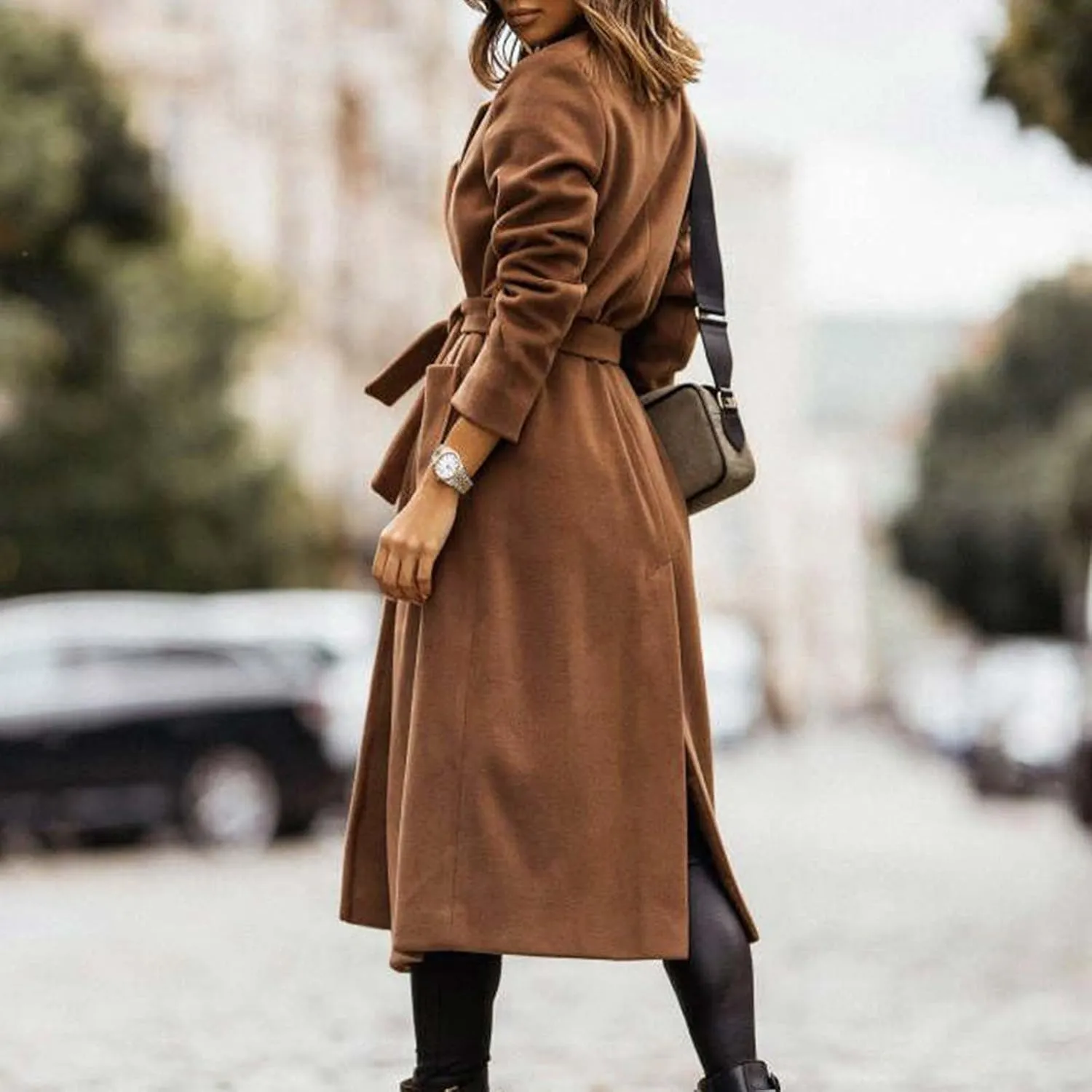 Women's Trench Coats Fall Long Wrap Pea Coat Casual Open Front Belted Trench Coat Winter Baggy Tweed Coat