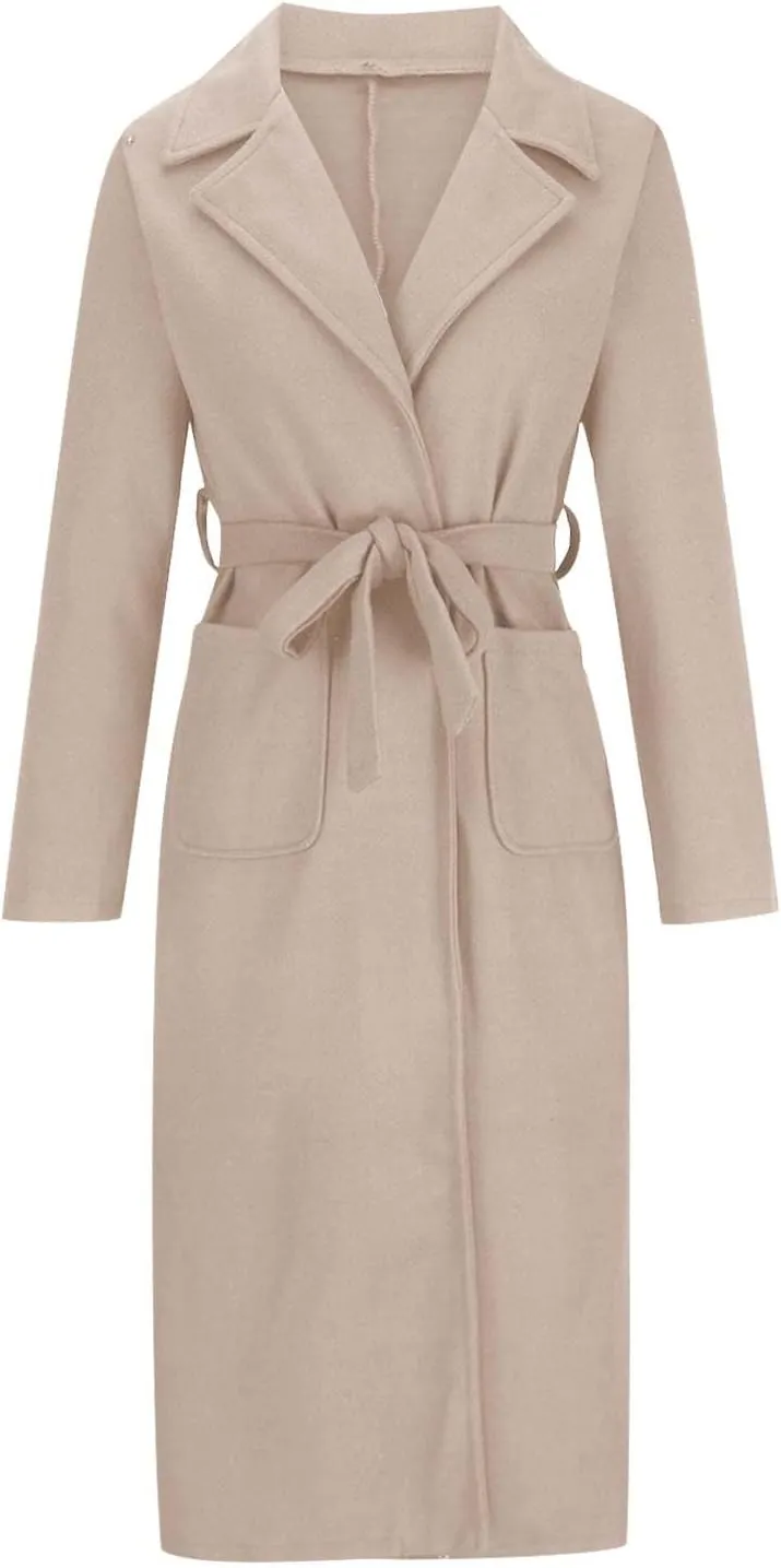 Women's Trench Coats Fall Long Wrap Pea Coat Casual Open Front Belted Trench Coat Winter Baggy Tweed Coat