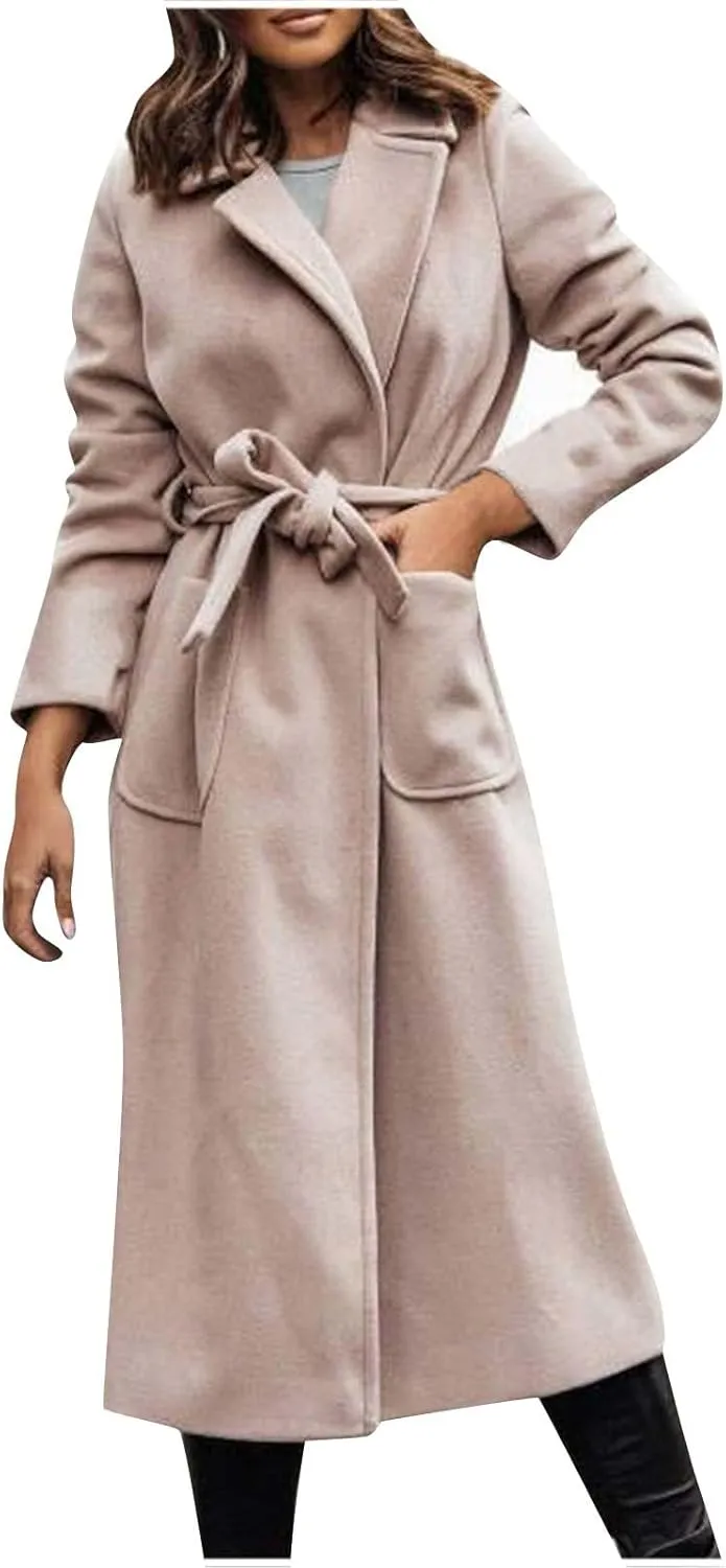 Women's Trench Coats Fall Long Wrap Pea Coat Casual Open Front Belted Trench Coat Winter Baggy Tweed Coat