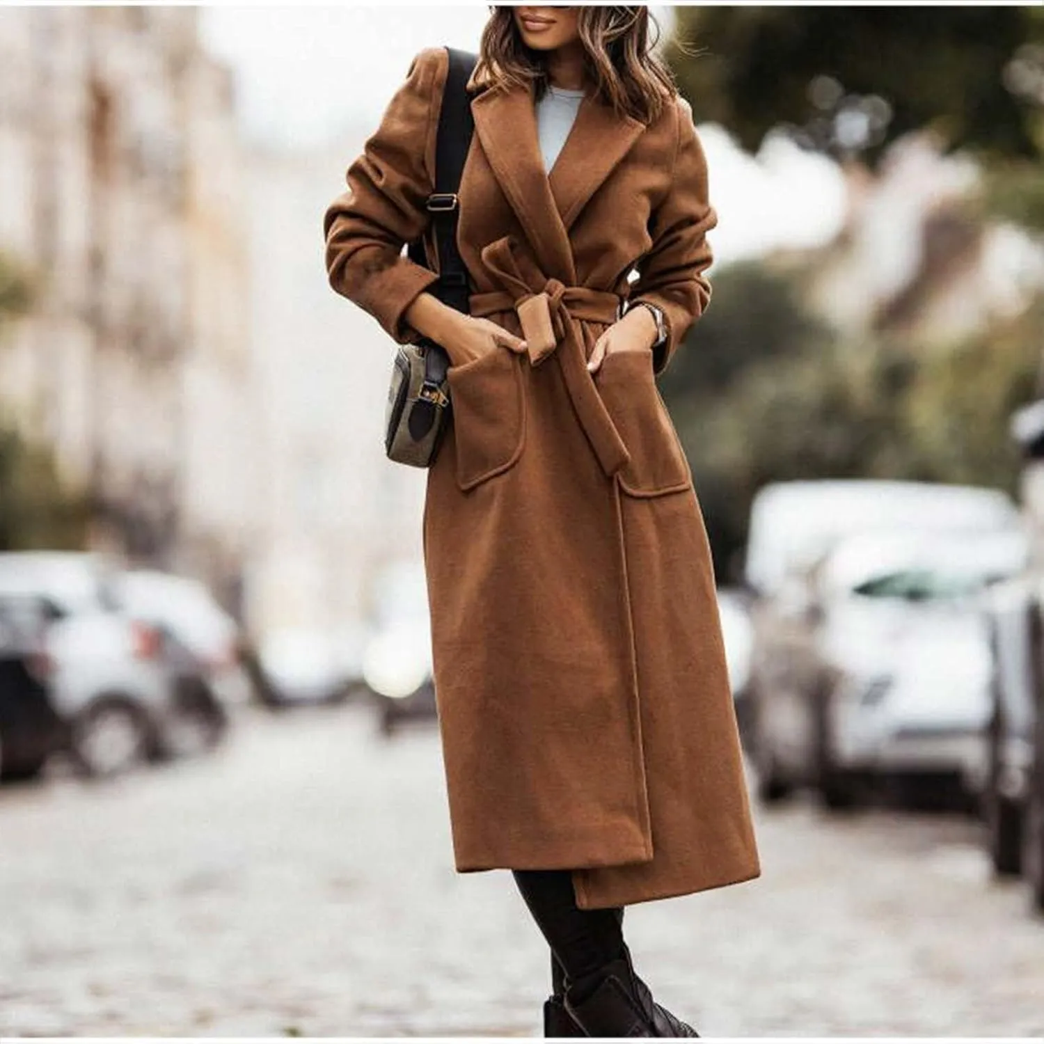 Women's Trench Coats Fall Long Wrap Pea Coat Casual Open Front Belted Trench Coat Winter Baggy Tweed Coat