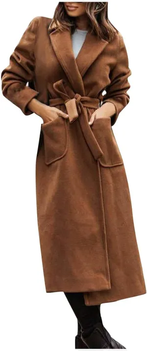 Women's Trench Coats Fall Long Wrap Pea Coat Casual Open Front Belted Trench Coat Winter Baggy Tweed Coat