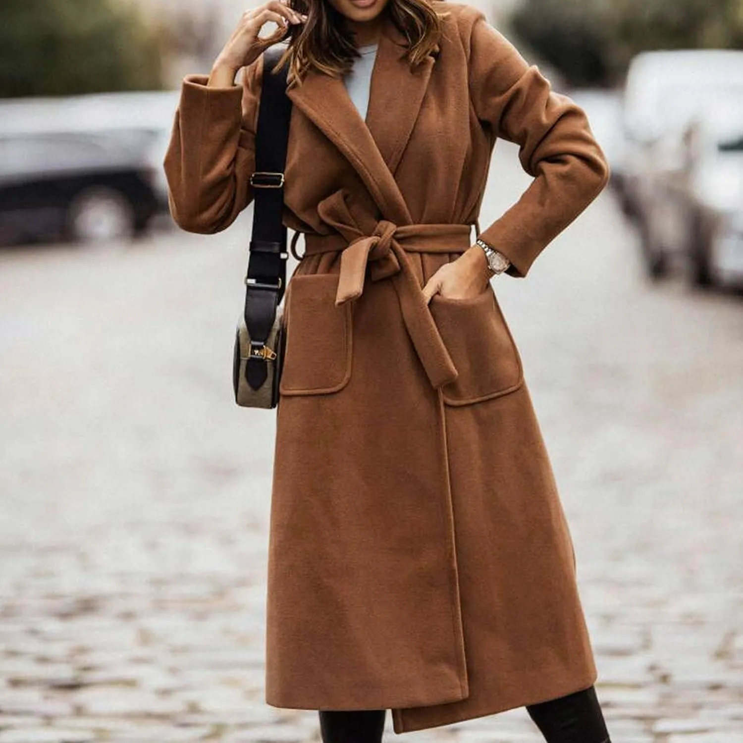 Women's Trench Coats Fall Long Wrap Pea Coat Casual Open Front Belted Trench Coat Winter Baggy Tweed Coat