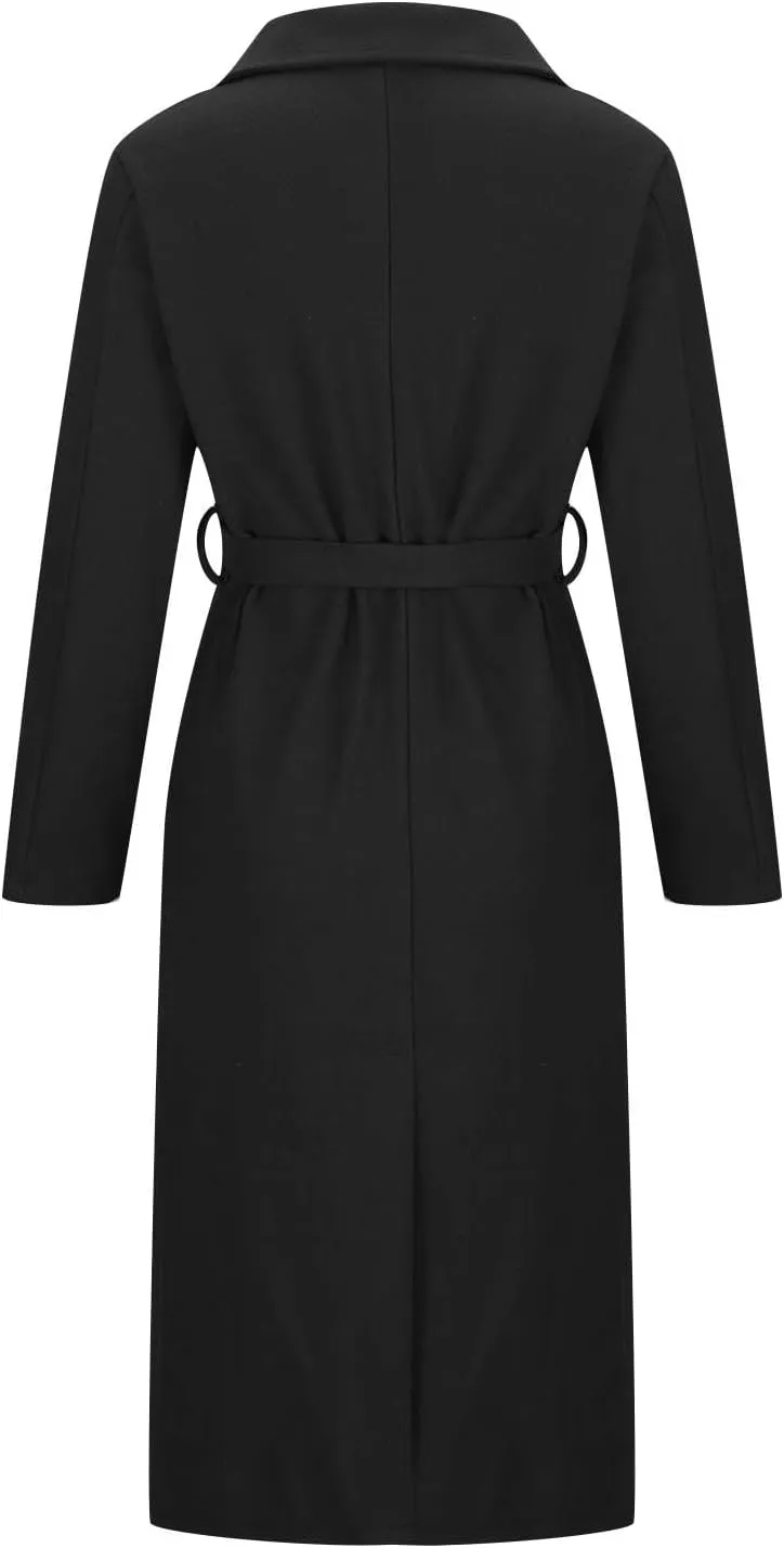 Women's Trench Coats Fall Long Wrap Pea Coat Casual Open Front Belted Trench Coat Winter Baggy Tweed Coat