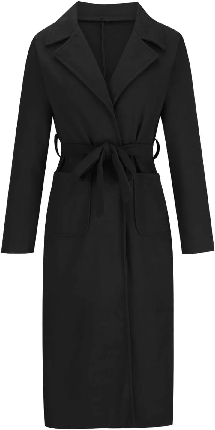 Women's Trench Coats Fall Long Wrap Pea Coat Casual Open Front Belted Trench Coat Winter Baggy Tweed Coat