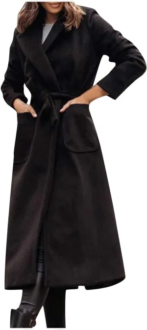 Women's Trench Coats Fall Long Wrap Pea Coat Casual Open Front Belted Trench Coat Winter Baggy Tweed Coat