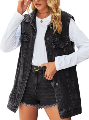 Women's Vintage Denim Vest Oversized Casual Classic Sleeveless Button Denim Jacket Waistcoat