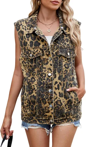 Women's Vintage Denim Vest Oversized Casual Classic Sleeveless Button Denim Jacket Waistcoat