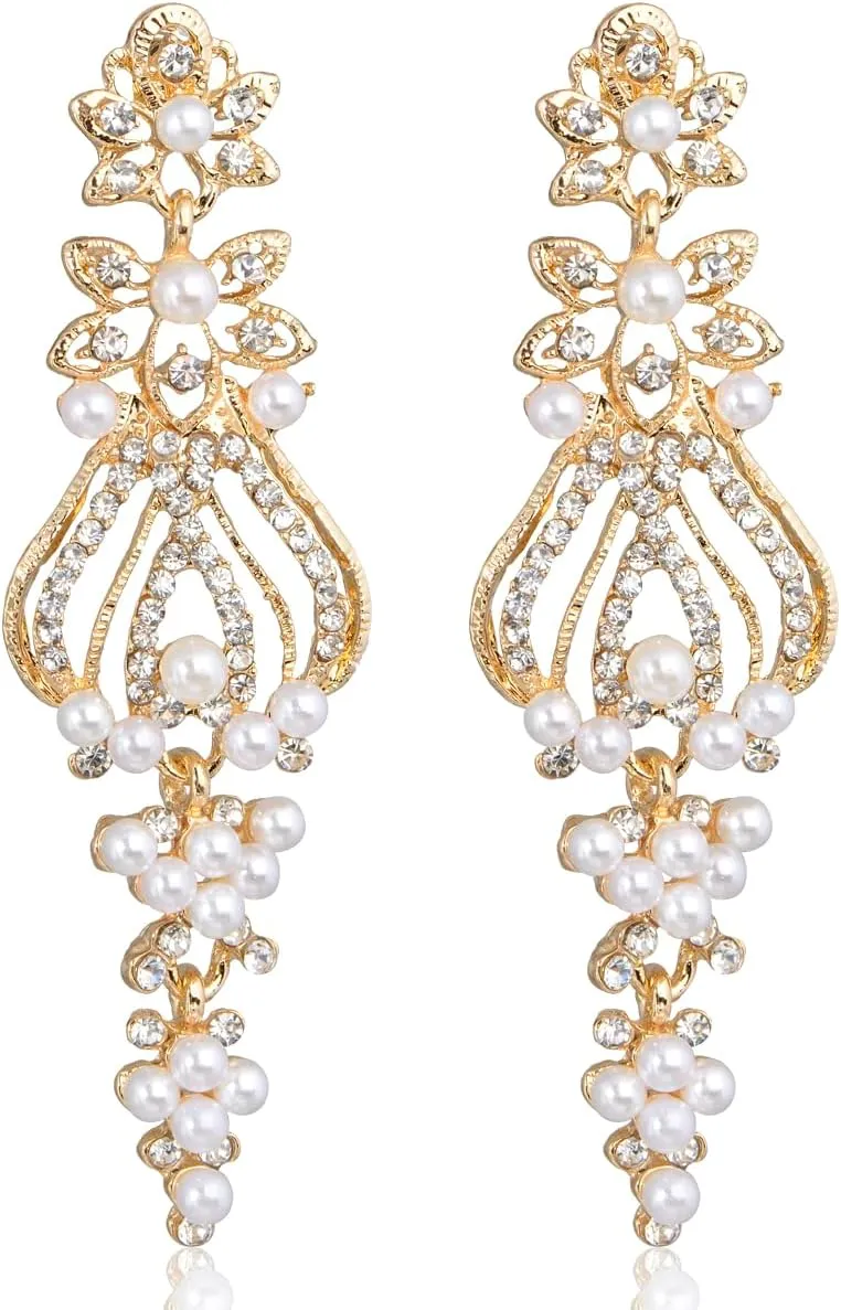 Women's Wedding Bridal Crystal Rhinestone Simulated Pearl Multi Beaded Cluster Floral Chandelier Dangle Earrings Gold for Party Prom Bride Bridesmaids
