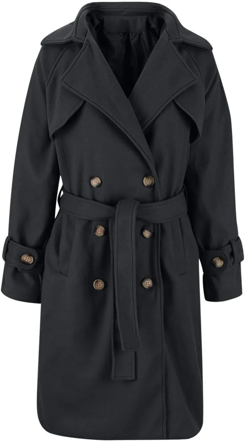 Women's winter coats Long Casual Coat Double-Breasted Trench Notched lapels Coat Jacket with Belt