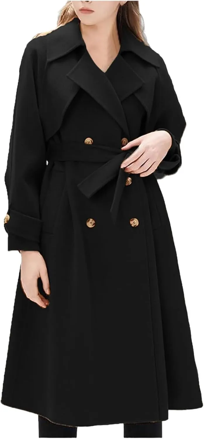 Women's winter coats Long Casual Coat Double-Breasted Trench Notched lapels Coat Jacket with Belt
