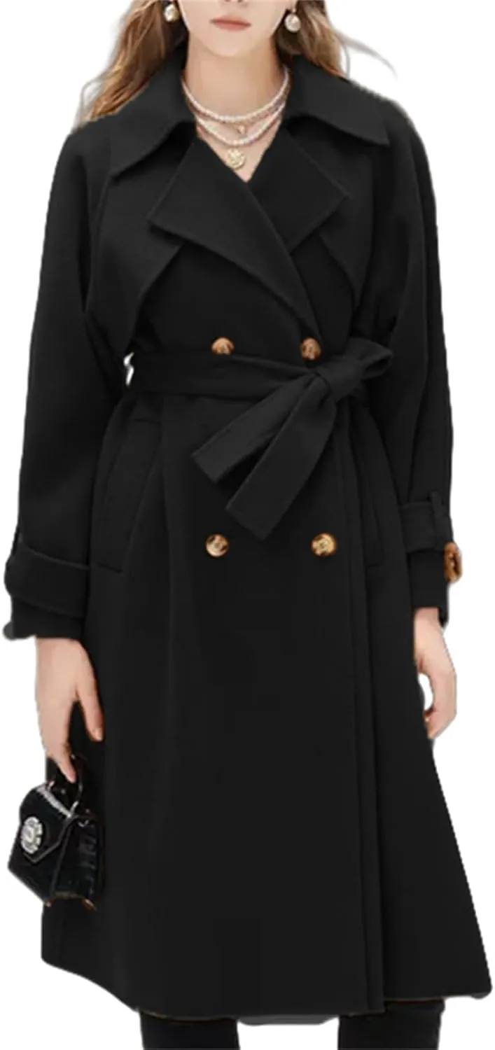 Women's winter coats Long Casual Coat Double-Breasted Trench Notched lapels Coat Jacket with Belt