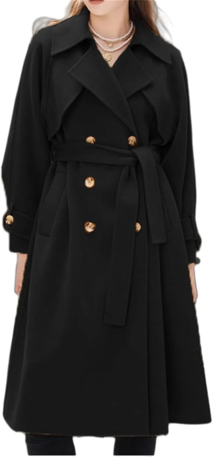 Women's winter coats Long Casual Coat Double-Breasted Trench Notched lapels Coat Jacket with Belt