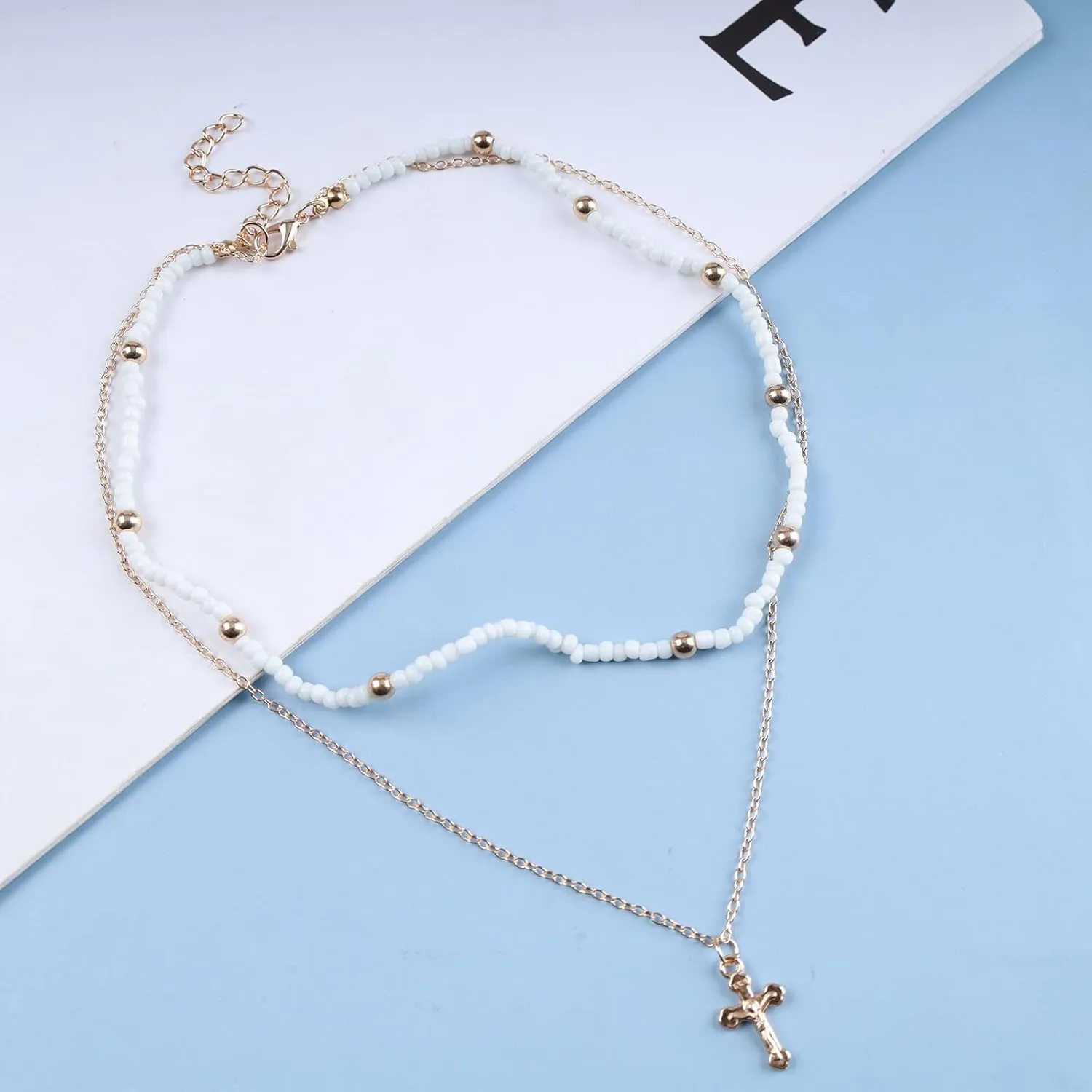 YienDoo Boho Layered Cross Choker Necklace Chain Vintage Gold Cross Pendant Necklace White Beads Strand Necklace Statement Cross Beads Necklace Charm Jewellery for Women Girls