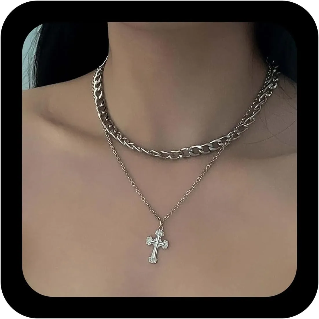 YienDoo Punk Layered Cross Necklace Choker Gothic Chunky Cuban Chain Choker Cross Crucifix Pendant Necklace Silver Tone Religious Cross Pendant Necklace Charm Jewellery for Women
