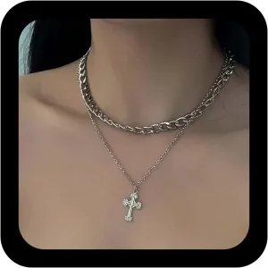 YienDoo Punk Layered Cross Necklace Choker Gothic Chunky Cuban Chain Choker Cross Crucifix Pendant Necklace Silver Tone Religious Cross Pendant Necklace Charm Jewellery for Women
