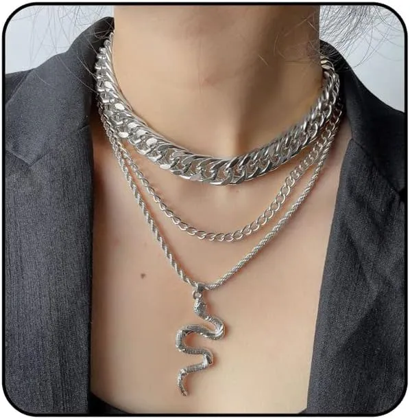 YOOESTORES82 14K Gold Snake Necklace Layered Chunky Pendant for Women Men - Punk Cobra Serpent Cuban Chain Jewelry
