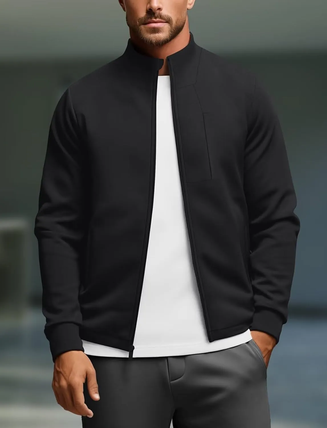 Zengjo Men's Track Jackets Full-Zip Athletic Jacket Sweatshirt Mock Neck with Zipper Pockets