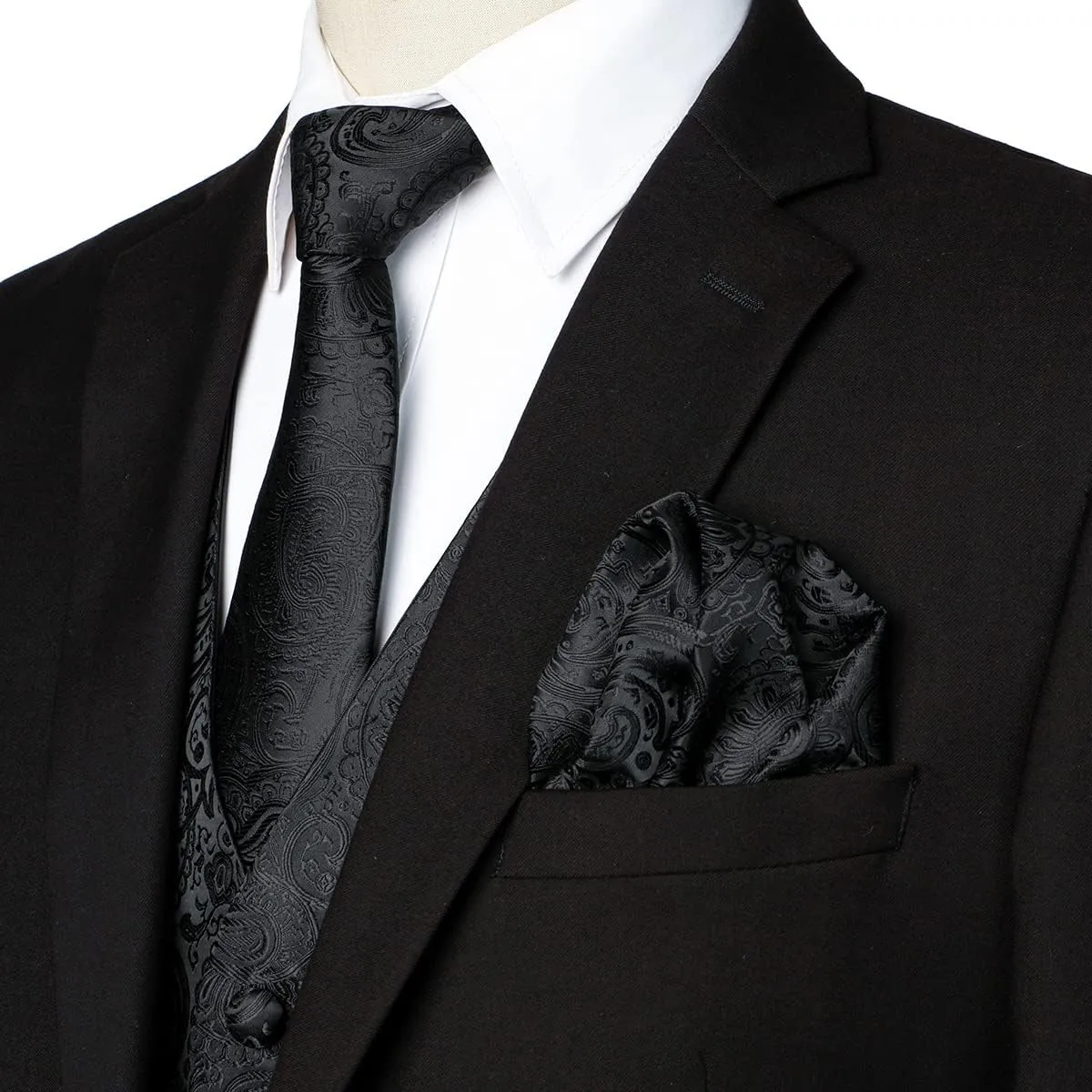 ZEROYAA Mens Classic 3pc Jacquard Paisley Vest Set Necktie Pocket Square Waistcoat for Suit or Tuxedo