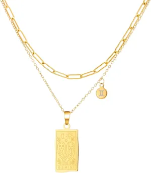 Zodiac Necklace Zodiac Constellation Layered Necklace Stainless Steel Tarot Card Pendant 14k Gold Plated Necklace Jewelry Gift for Women