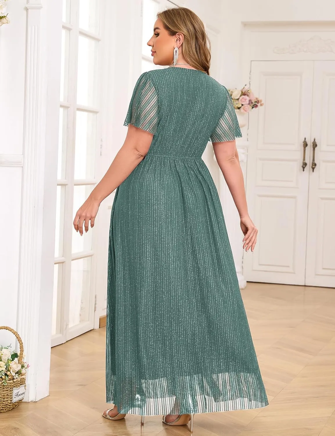 ZOMVA Plus Size Maxi Formal Dress Sparkly V-Neck A-line Ruffle Sleeves Evening Gown Cocktail Prom Glitter