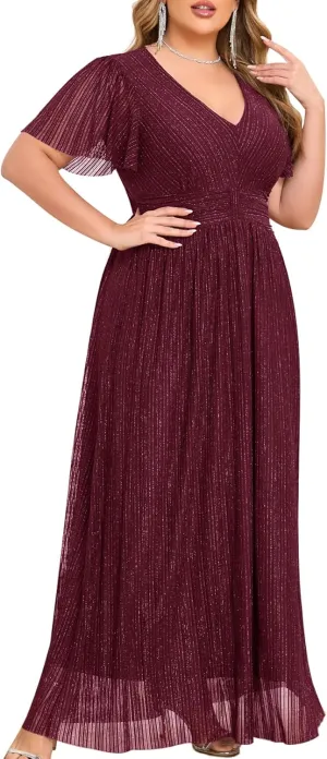 ZOMVA Plus Size Maxi Formal Dress Sparkly V-Neck A-line Ruffle Sleeves Evening Gown Cocktail Prom Glitter